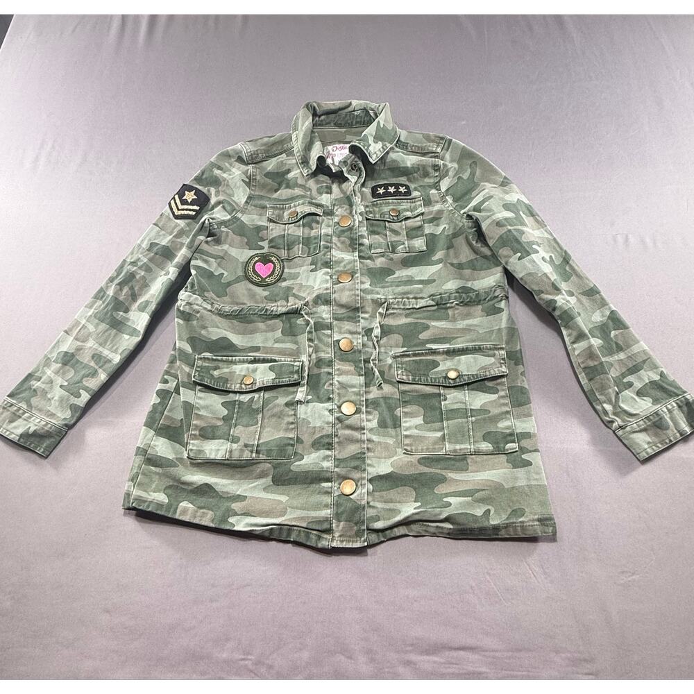 Justice Girls Camo Utility Jacket Heart Patch Drawstring Waist Size 8/10